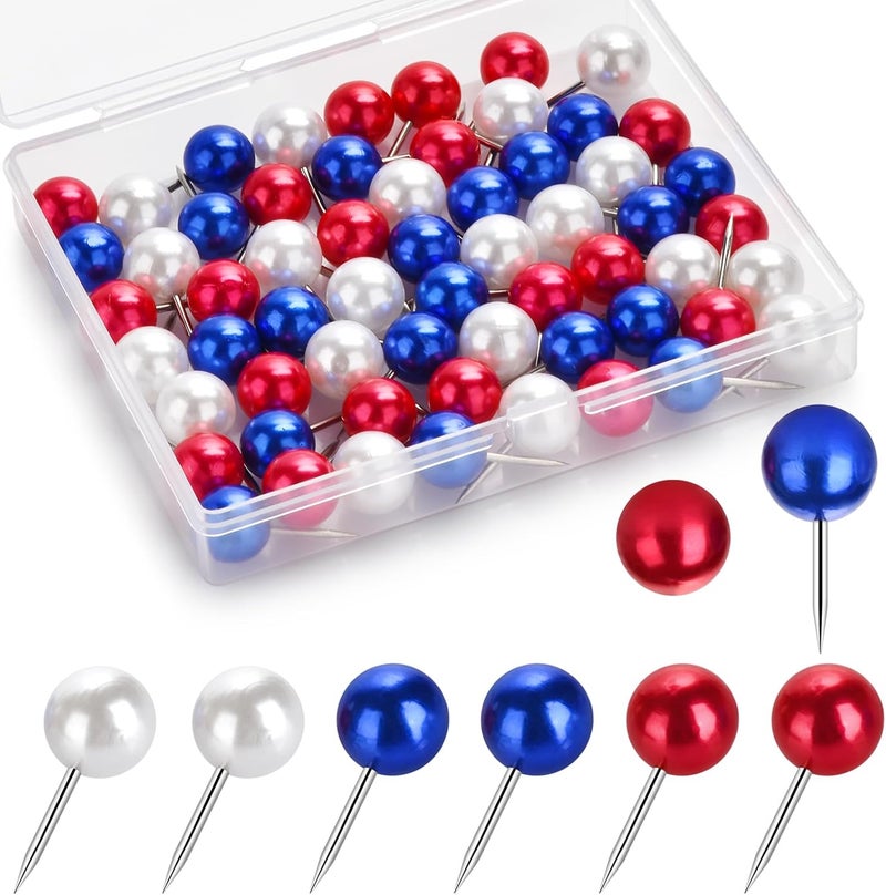Wteehn 60 Pcs Push Pins, Thumb tacks for Decorative Wall, Pearl White Blue Red Thumbtacks for Bulletin Board Corkboard Map Calendar Photo Home Office - Image 1